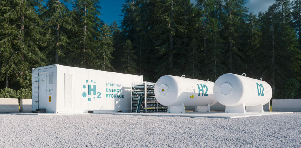 Wasserstofftank liegend weiße Tanks neben Container