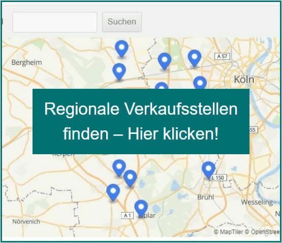 Grafik Verkaufsstellenfinder mit Landkarte im Hintergrund und Text im Vordergrund