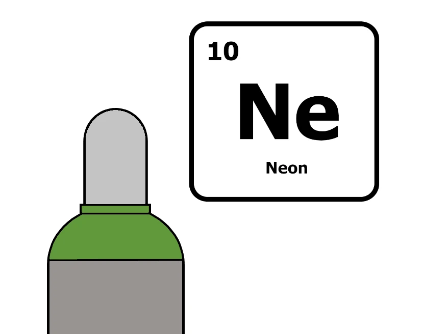 Neon Gasflasche mit leuchtend gruener Schulterfarbe und Periodensystem Kachel